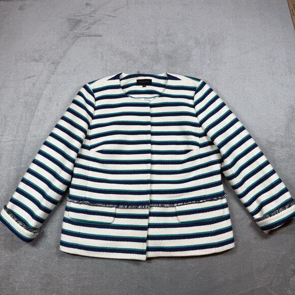 Talbots Striped Fringe Jacket Women’s 14 White Teal Blue Cotton Office Chic - Picture 2 of 14